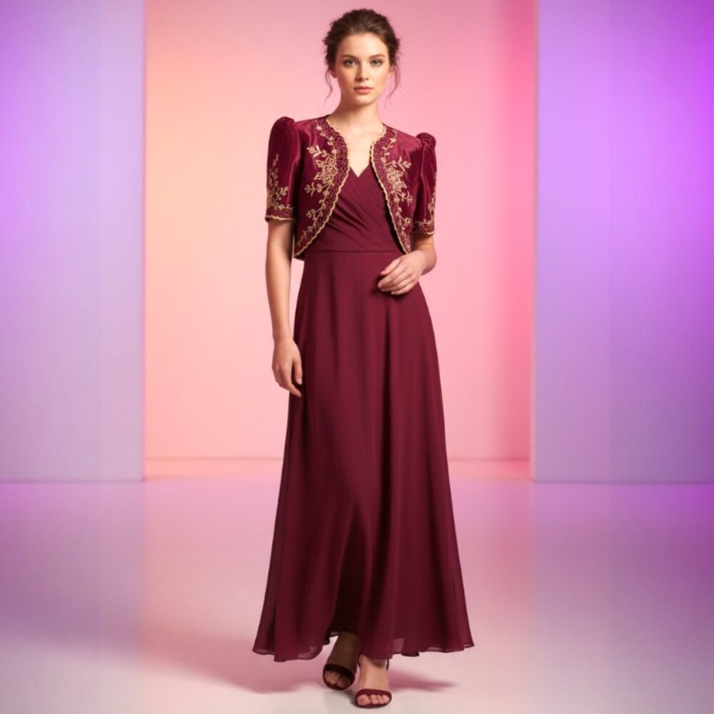 Burgundy-Modern Filipiniana Bolero with Mestiza Sleeves